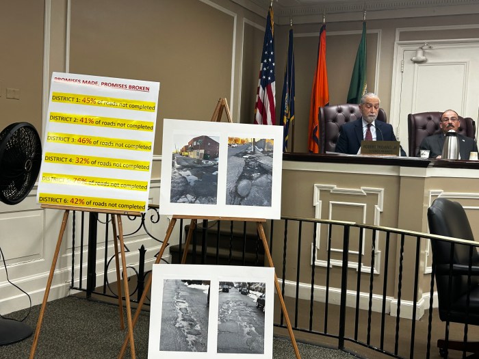 Council Member Robert Troiano and Council Member Edward Scott (L. to R.) with Troiano's boards in the foreground.