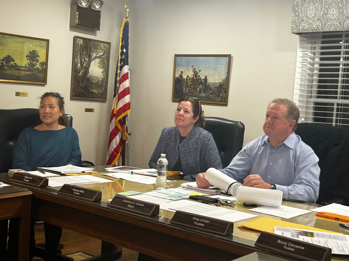 Trustee Regina Im, Deputy Mayor Patty Miller, and Mayor Lawrence Ceriello listen to Eagle Scouts explaining their project