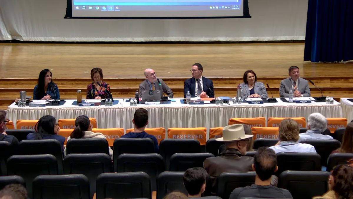 Trustee Rebecca Sassouni, Vice President Joanne Chan, Superintendent Kenneth Bossert, President Grant Toch, Trustee Donna Peirez, and Trustee Steve Chen (L. to R.) at the Wednesday, March 11, board of education meeting.