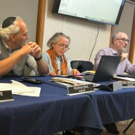 Mayor Pedram Bral, Trustee Anne Mendelson, and Deputy Mayor Barton Sobel (L. to R.) respond to snow fee criticism.