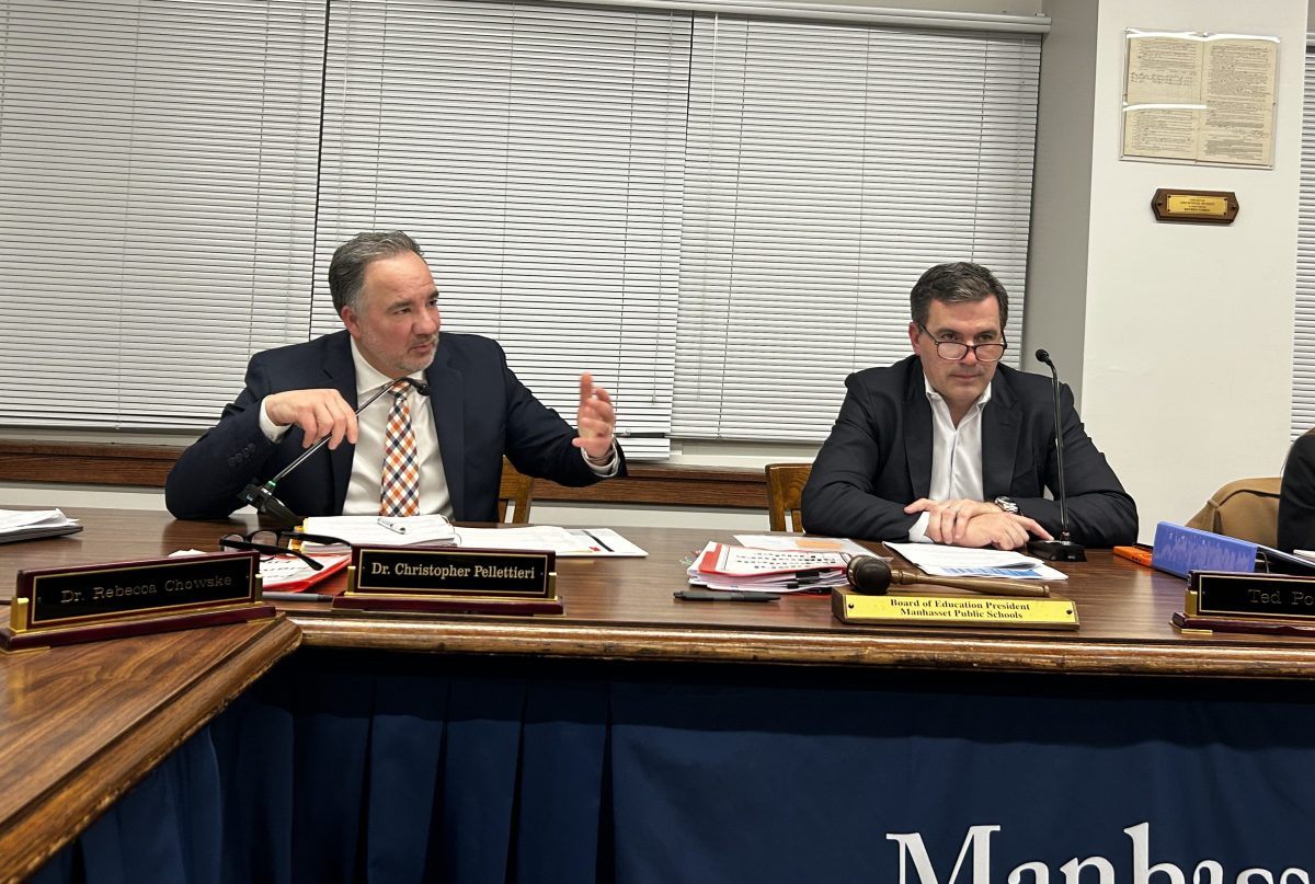 Manhasset Public Schools Superintendent Christopher Pellittieri (L.) and board of education President Ted Post (R.)