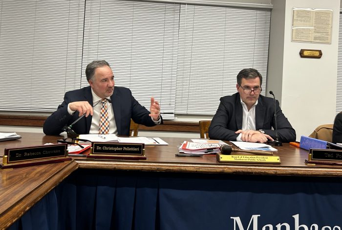 Manhasset Public Schools Superintendent Christopher Pellittieri (L.) and board of education President Ted Post (R.)