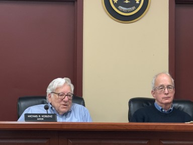 Village of East Hills Mayor Michael Koblenz (L.) and Trustee Emmanuel Zuckerman (R.) discussed the need for a bond for the new village playground.
