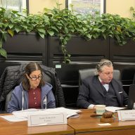 Trustee Susan Rubinstein (L.) and Mayor Adam Koblenz (R.) discussed the proposed village budget and the purchase of a radar gun.