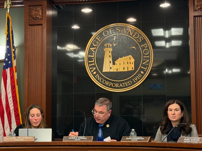 Sands Point Board of Trustees Sloane Ackerman, Mayor Peter Forman and Deputy Mayor Elena Karabatos addressed resident concerns.