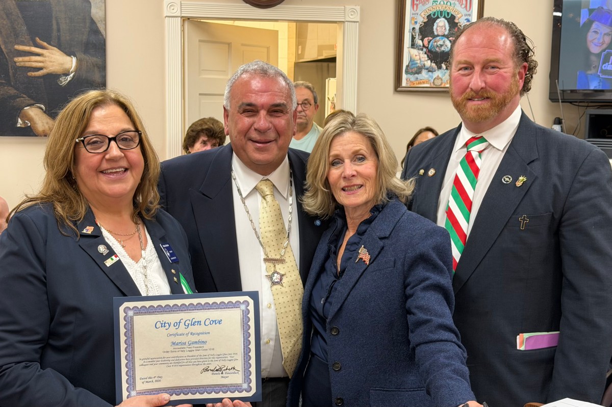Glen Cove Mayor Pam (second from R.) Panzenbeck was among several elected officials on hand to congratulate the newly installed officers of Loggia Glen Cove. She was joined by Immediate Past President Marisa Cipriano Gambino (L.), President Ralph Ciano (second from L.) and Master of Ceremonies and a former President of the lodge, Joe Gallo (R.).