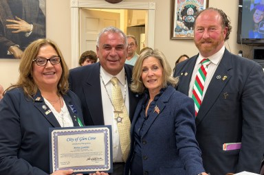 Glen Cove Mayor Pam (second from R.) Panzenbeck was among several elected officials on hand to congratulate the newly installed officers of Loggia Glen Cove. She was joined by Immediate Past President Marisa Cipriano Gambino (L.), President Ralph Ciano (second from L.) and Master of Ceremonies and a former President of the lodge, Joe Gallo (R.).