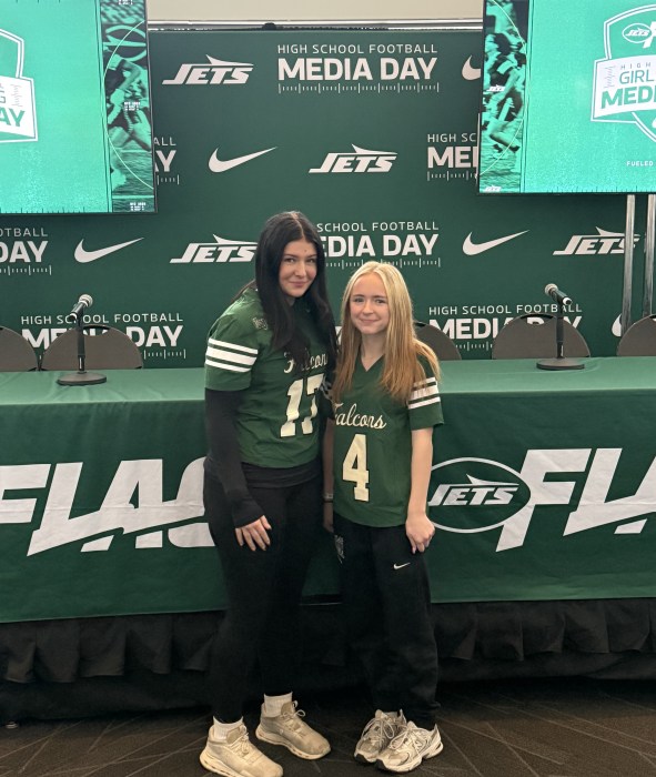 Sophia Georgiopoulos and Morgan Sullivan represented Locust Valley High School Falcons at MetLife Stadium for the New York Jets’ Girls Flag Football Media Day.