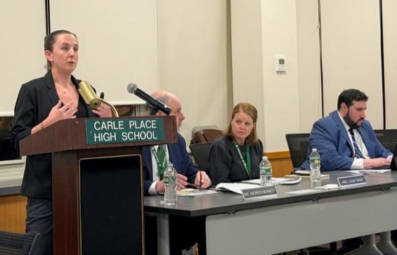 Joanna DeMartino, assistant superintendent for business at Carle Place Schools, presented on the school district's 2026-2027 budget at a recent Board of Education's meeting.