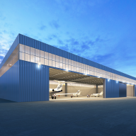 A rendering of a new hangar proposed for Farmingdale Republic Airport, which has gained opposition from local organizations.
