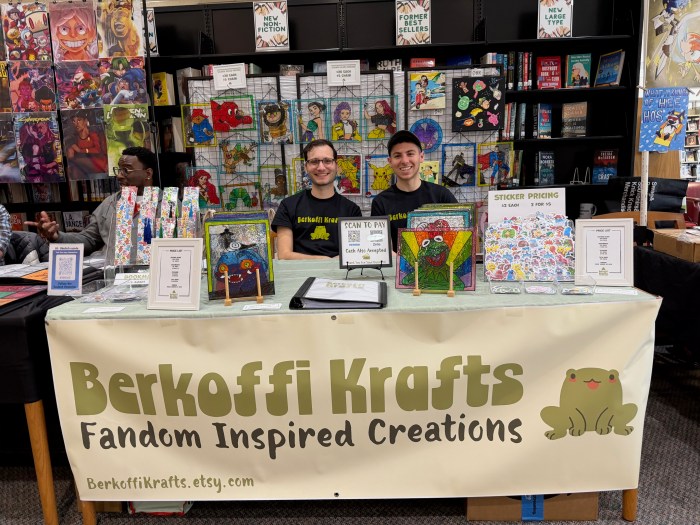 Anthony Cioffi (L.) and Griffin Berkenfeld, creators of the arts and crafts label “Berkoffi Krafts,” were selling their work at RosCon.