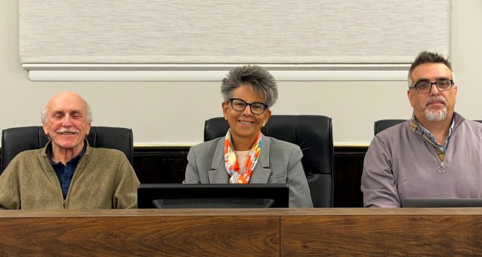 Sea Cliff trustee George Williams (L.), Mayor Elena Villafane (C.), and trustee Nicholas Pinto (R.) discussed community recycling at their recent board meeting.