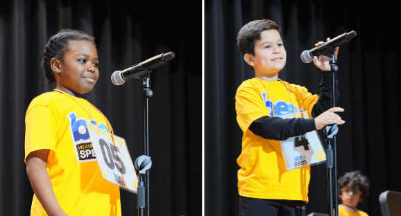 Ready to spell: Students from the Worker Bees division step to the mic.