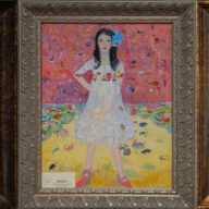 Three paintings by artist Xue Qi Li currently on exhibit at the Jericho Library are (from L. to R.) Contemporary Inspiration, A Quiet Declaration and The Wish.