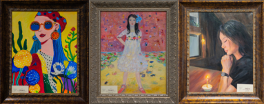 Three paintings by artist Xue Qi Li currently on exhibit at the Jericho Library are (from L. to R.) Contemporary Inspiration, A Quiet Declaration and The Wish.