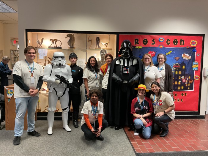 The Bryant Library staff, joined here by Star Wars characters, worked together to deliver the first-ever RosCon event.